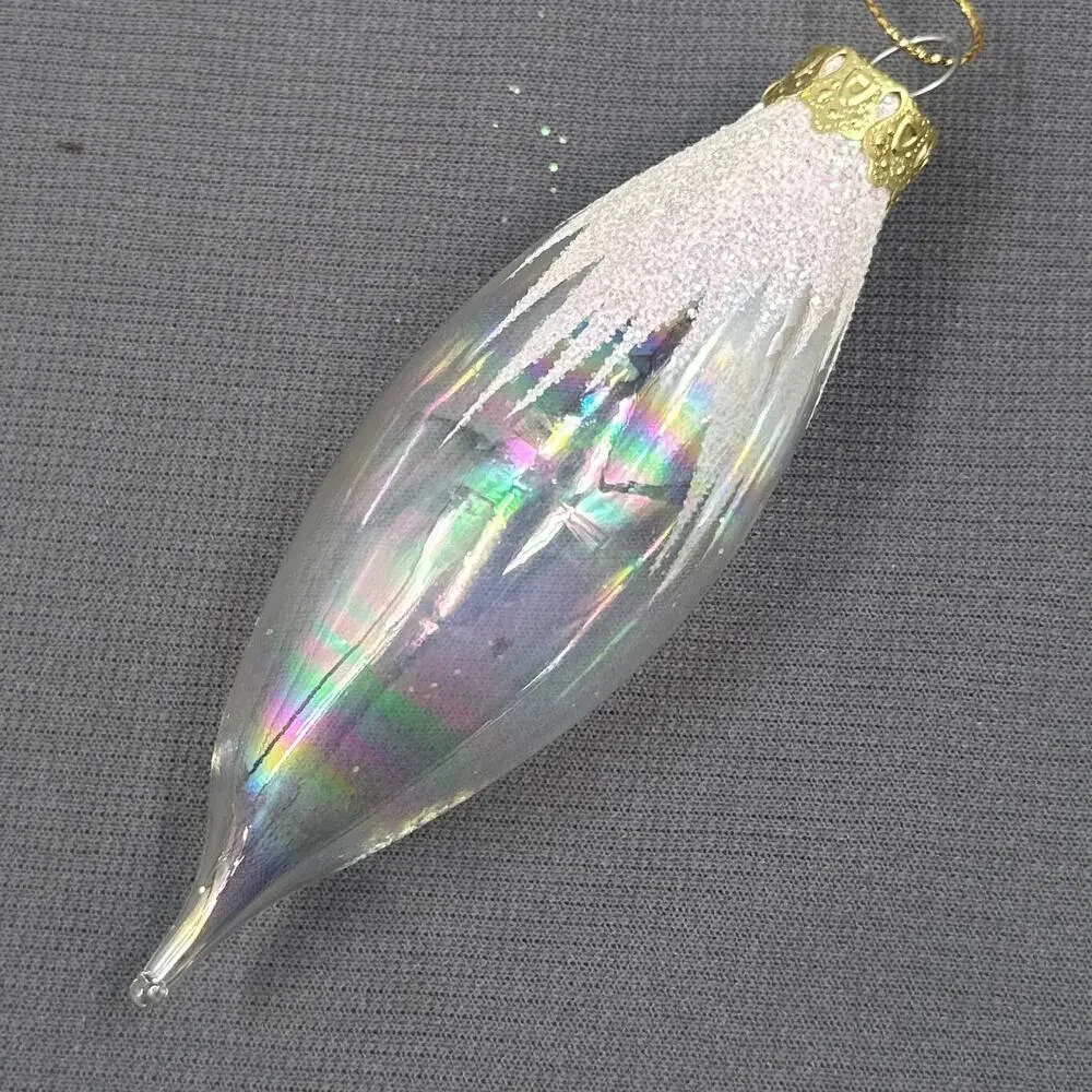 VTG Blown Glass Icicle Christmas Ornaments Clear Iridescent Glitter 4 pc Glam